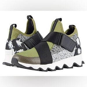 Sorel Womens Kinetic Knit Straps Shoes Size 9.5 Olive Green Black Scalloped Sole